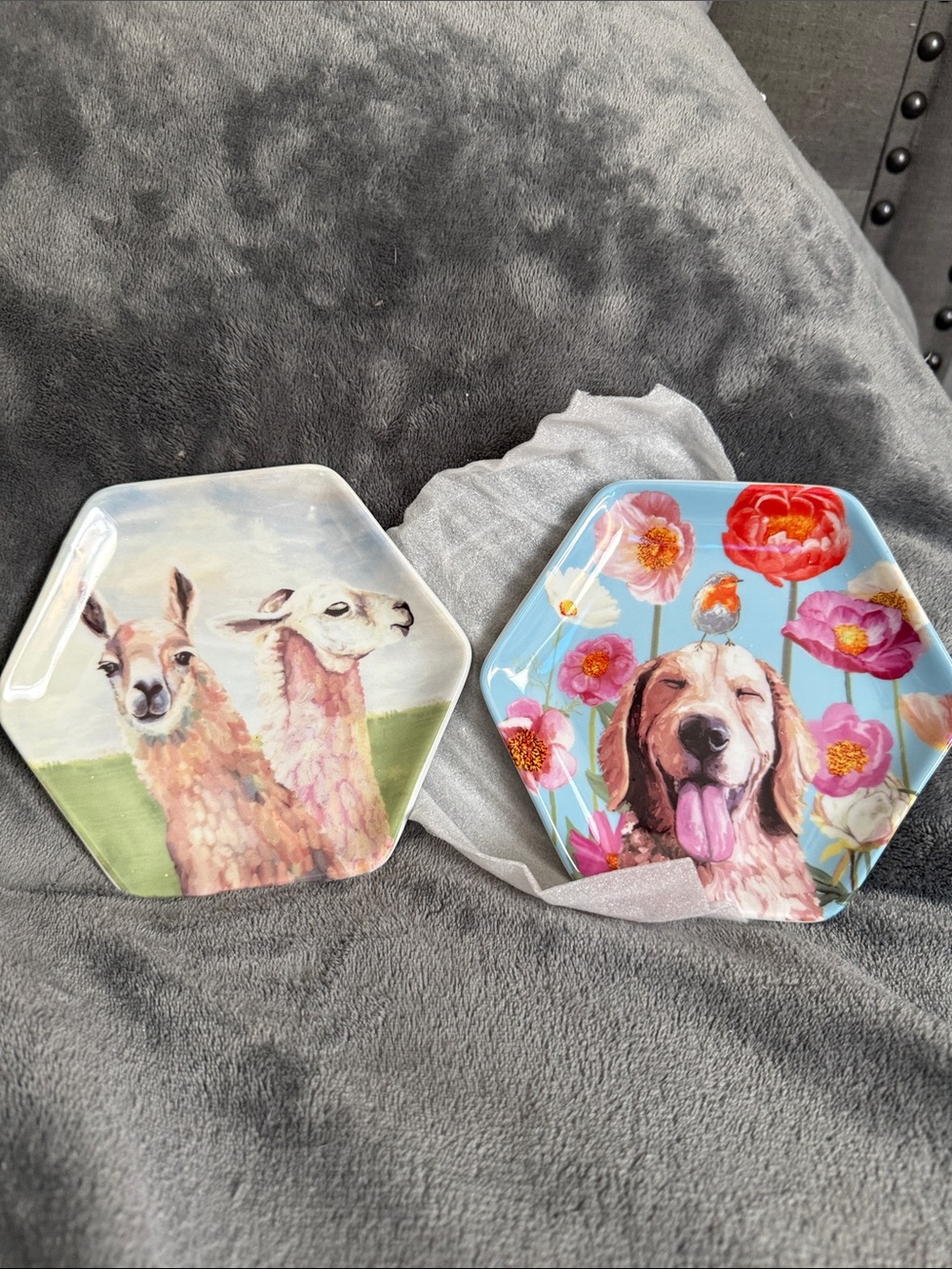 Hexagonal Ceramic Decorative Plates - Llama & Happy Dog Floral Designs